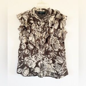 Jones NY Women Silk Floral Ruffle Sleeveless Button Down Top Sz 16 Quiet Luxury